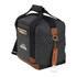 A drink bottle cooler bag in grey with brown accents, featuring a shoulder strap and a bottle opener attachment.