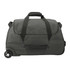 A wheeled duffel bag in grey fabric with dual top handles and a single wheel for mobility.