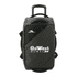 A wheeled duffel bag in black with a logo, featuring a retractable handle and side straps for easy carry.