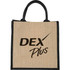 A medium jute gift tote in natural with black accents and a logo on the front.