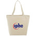 A cream cotton tote bag with a zippered top and sturdy handles. It features a logo on the front.