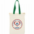 A natural cotton grocery tote in cream with green handles, featuring a round logo on one side.