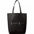 A black non-woven tote bag featuring a logo on the front. It has two sturdy shoulder straps.