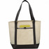 A large beige tote bag with black straps and a front pocket, featuring a pen and a notepad inside.