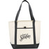 A large cream tote bag with black handles and a logo on the front. Suitable for carrying various items.