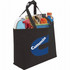 A black non-woven tote bag filled with a drink bottle, cleaning supplies, and various items. Features a branding logo.