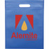 A blue non-woven tote bag with a large logo and a handle at the top.