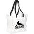 A clear tote bag with black handles and a logo on the front, suitable for events.