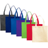 A collection of small non-woven tote bags in various colours: grey, blue, purple, green, red, and cream, each with handles.