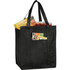A black insulated grocery tote bag loaded with snacks and drink bottles, featuring a side pocket.