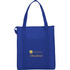 A blue insulated grocery tote with shoulder straps and a logo on the front.