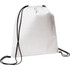 A white non-woven drawstring sportpack with black drawstrings and a logo on the front.