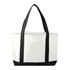 A large tote bag in white with black straps and a matching black base, featuring a logo.