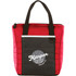 A red and black quilted cooler bag with a front pocket and a logo on it, featuring sturdy handles.