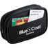 A black toiletry bag featuring a front pocket for cards and a logo. Ideal for travel essentials.