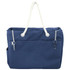 A navy waterproof beach bag with a rope handle, featuring multiple zippered pockets and a logo.