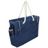 A navy waterproof beach bag with a rope handle and an external pocket for a drink bottle. It has a logo.
