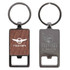 A metal keychain featuring a rectangular design with a wooden centre and a bottle opener at the base, includes a logo.