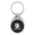 A silver keychain with a black leather-like section featuring a logo. The keychain has a circular ring for keys.