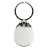 A sleek silver keychain with a smooth, rounded design and a polished finish. It features a metal ring for keys.