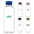A drink bottle with a transparent body and a blue lid, featuring a green logo, alongside four similar bottles with different lids and logos.
