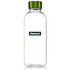 A drink bottle made of clear Tritan plastic with a green screw-top lid and a logo on the front.