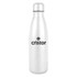 A drink bottle made of stainless steel, featuring a silver finish and a logo.
