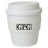A drink bottle in white with a matching lid and a black logo, featuring an insulated grip band.