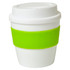 A small white cup with a lime green silicone band and a matching lid, featuring a logo.