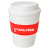 A drink bottle featuring a large white cup with a red silicone grip and a lid, branded with a logo.