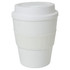 A drink bottle in white with a removable silicone band, featuring a lid and a logo.