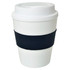 A drink bottle featuring a white design with a black rubber grip. It includes a lid.