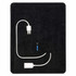 A black charging pad with an attached USB cable and LED indicator lights.