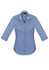 A women's blue and white check 3/4 sleeve button-up shirt with a collar and a logo.