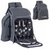 A grey picnic backpack with cutlery, drink bottles, glasses, and plates neatly organised inside. It has a logo on the front.