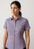 A short sleeve shirt in a purple check pattern with a button-up front and a collar. It has a logo on it.