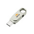 A silver Type-C flash drive with a swivel mechanism and a logo, featuring a circular handle for easy attachment.