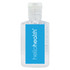 A clear 30ml hand sanitiser gel bottle with a blue label, containing 75% ethyl alcohol. Logo present on the label.