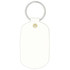 A white oval keychain featuring a metal ring and a simple design. It includes a small branding logo.
