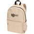 A beige laptop backpack with a front pocket and a logo, featuring padded shoulder straps and a zip closure.