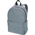A grey laptop backpack with a main compartment and front pocket, featuring a logo on one side.