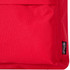 A red recycled fabric laptop backpack featuring a textured surface and a branding label.