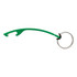 A green drink bottle opener attached to a silver keyring, featuring a simple, curved design.