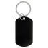 A black dog tag keychain with a silver keyring attached.