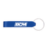 A drink bottle opener in blue with a silver keyring attachment and a logo.
