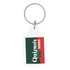 A tear drop acrylic keychain with a transparent design and a logo in green, white, and red colours.