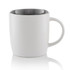 A white barrel mug with a smooth finish and a contrasting grey interior, featuring a curved handle and a glossy surface.