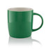 A green ceramic barrel mug with a smooth surface and a sturdy handle. It features a glossy finish.