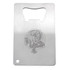 A stainless steel credit card-sized bottle opener features a detailed engraved design on its surface and a circular hole.