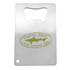 A stainless steel credit card bottle opener with a green logo and an ergonomic opening feature.
